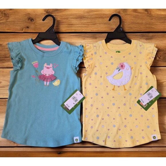 John Deere Girls Sz 4T Ruffle Short Sleeve Shirts (2) Yellow Blue Spring Nwt - Picture 1 of 10